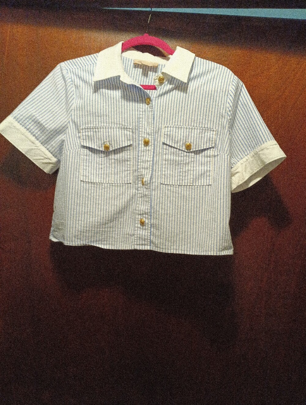 Philosophy Womans Blue And White Striped Button Down Shirt Gold Buttons Size Med